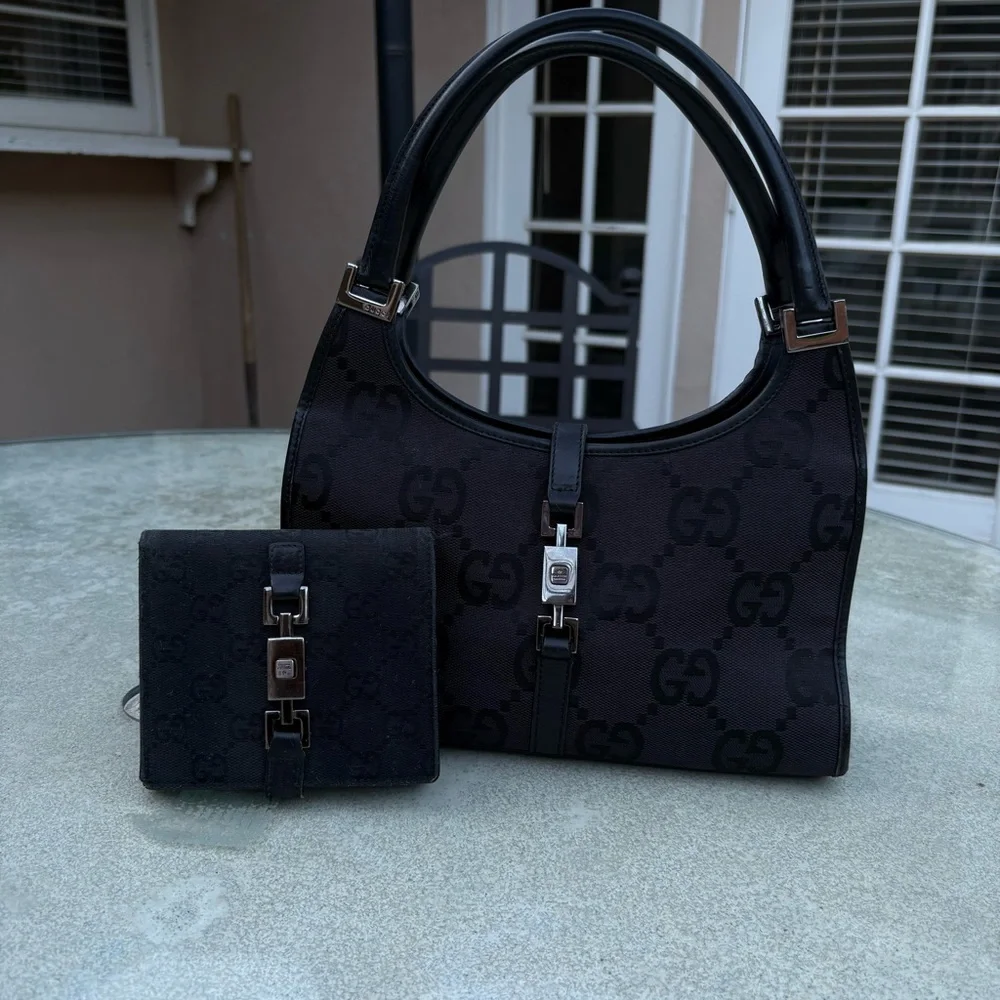 GUCCI Jackie 1961 GG Monogram Canvas Leather Black Women's Bag & Wallet Set - Picture 5 of 7